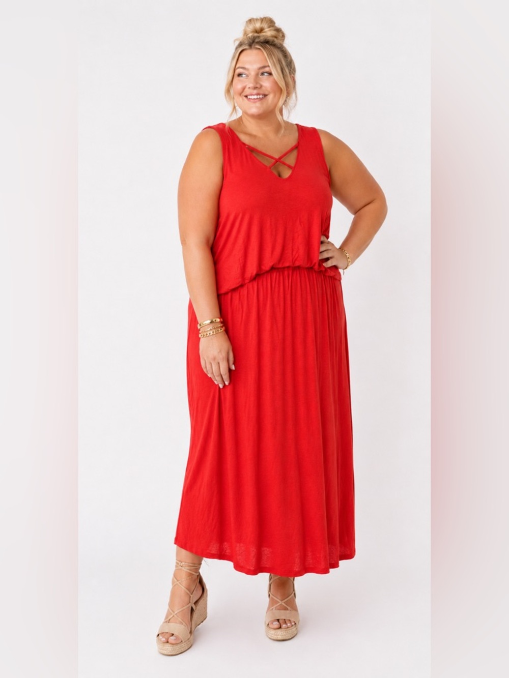 Red sleeveless maxi dress with criss cross detail